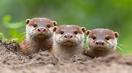 Group of cute baby otters in the mud looking at the cameraの写真素材