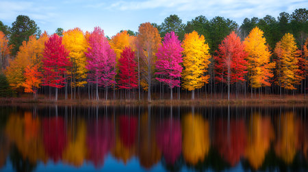 Colorful autumn forest reflected in the lake. Colorful trees on the lake.の写真素材