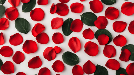 Red rose petals and green leaves on white background. Flat lay, top viewの写真素材