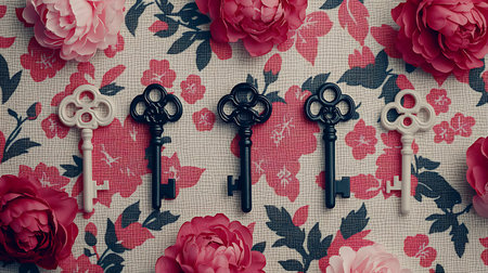 Set of vintage keys on floral background. Flat lay, top view.の写真素材