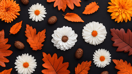 Flat lay pattern with autumn leaves and flowers on black background.