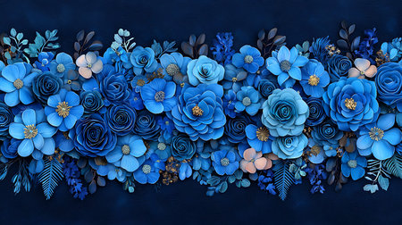 Blue floral border on a dark blue background. 3D illustration.