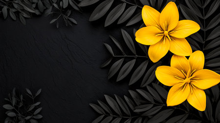 Flowers composition. Yellow lilies on black background. Flat lay, top view, copy spaceの写真素材