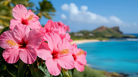 Pink hibiscus flowers on the background of the ocean.の写真素材