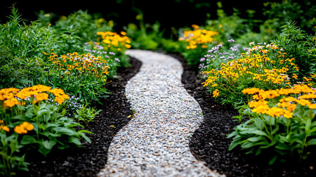 Path in the flower garden with yellow and orange flowers in summer.の写真素材