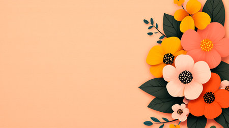 Flowers composition on orange background. Flat lay, top view, copy spaceの写真素材
