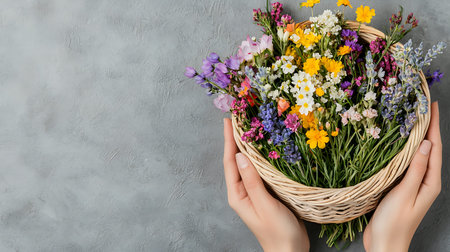 Female hands holding a basket with wildflowers on a gray background