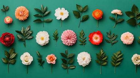 Flowers composition. Pattern made of flowers on green background. Flat lay, top view