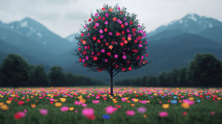 Heart shaped tree growing in the meadow with colorful flowers. 3D renderingの写真素材