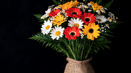 bouquet of daisies and chamomiles on a black backgroundの写真素材