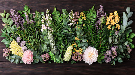 Floral frame with dahlias, lily of the valley, eucalyptus, hydrangea, lily of the valleyの写真素材