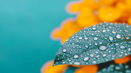 Close up of yellow and orange flower with water drops on green backgroundの写真素材