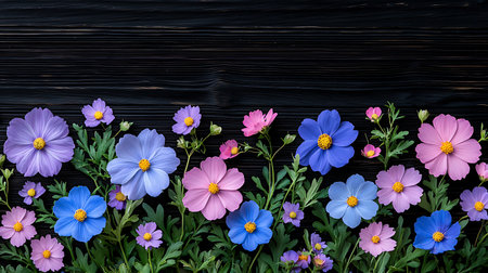 Colorful flowers on black wooden background. Flat lay, top view.の写真素材