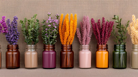 Variety of colorful flowers in glass bottles on burlap background.