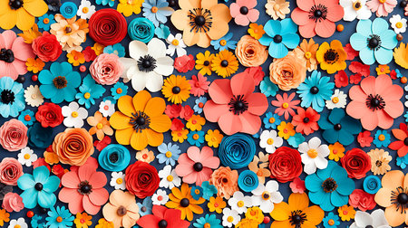 Flowers composition. Colorful paper flowers on blue background. Flat lay, top view, copy spaceの写真素材