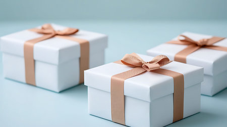 White gift boxes with brown ribbons on turquoise background.