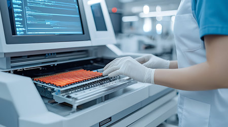 Close-up of a technician working in a modern laboratory with a computer