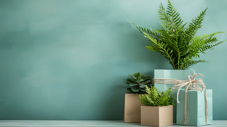 Gift boxes with green plants on wooden table against turquoise wallの写真素材