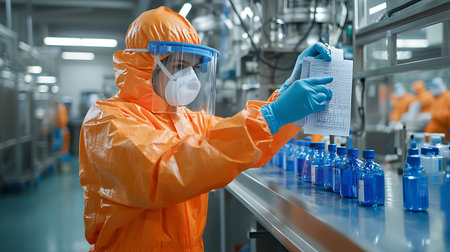 Scientist in hazmat suit and mask working in the chemical laboratory