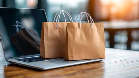 Laptop and paper shopping bags on the table. Online shopping concept.の写真素材