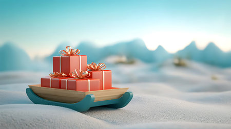 3d rendering of christmas gift box on wooden boat on snowの写真素材