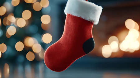 Christmas sock on blurred bokeh background, closeup. Holiday seasonの写真素材