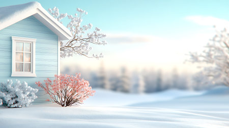 3D rendering of a small house in winter landscape with snow and treesの写真素材
