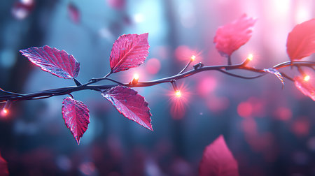 Red leaves of a tree in the forest illuminated by the rays of the sunの写真素材