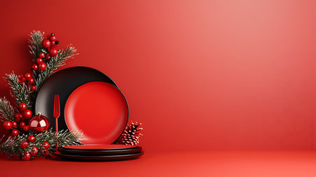 Christmas background with red plate, cutlery and christmas tree branchesの写真素材