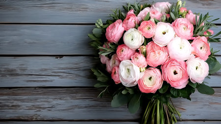 Bouquet of pink and white ranunculus flowers on wooden backgroundの写真素材