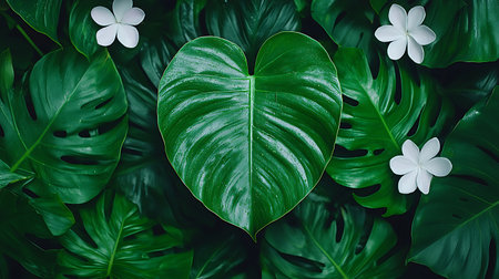 Tropical leaves and flowers background, top view, flat layの写真素材