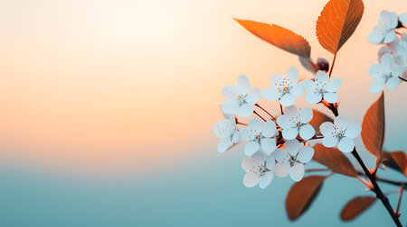 Blossoming branch of cherry on a background of the setting sun