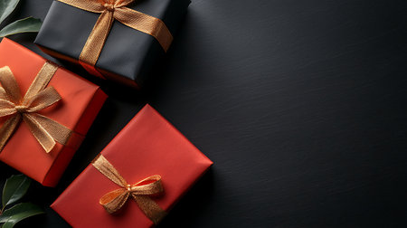 Gift boxes on black background. Top view with copy space.の写真素材
