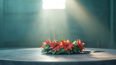 Red poinsettia on the table. 3d rendering.の写真素材