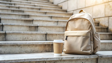 coffee cup and backpack on stairs, travel and lifestyle concept.の写真素材