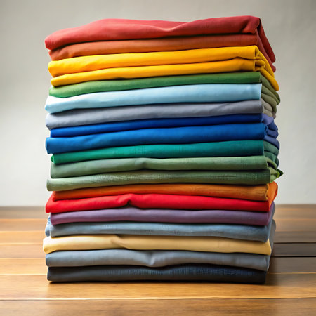 Stack of multicolored clothes on a wooden table. Selective focus.の写真素材