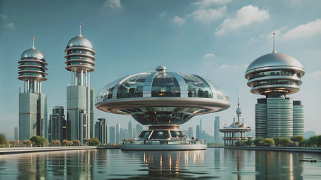 Futuristic city with skyscrapers and buildings. 3d renderingの写真素材