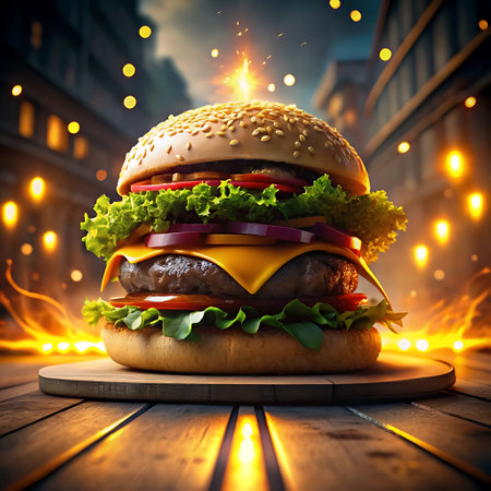 Hamburger on wooden background with bokeh lights at nightの写真素材