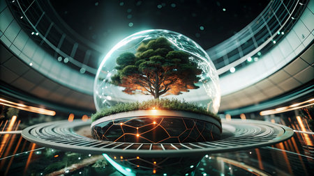 Glass sphere with tree inside. 3d rendering. Elements of this image furnished by NASAの写真素材