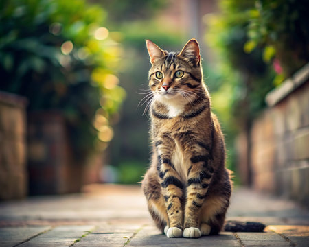 Cute tabby cat sitting on the ground in the garden.の写真素材