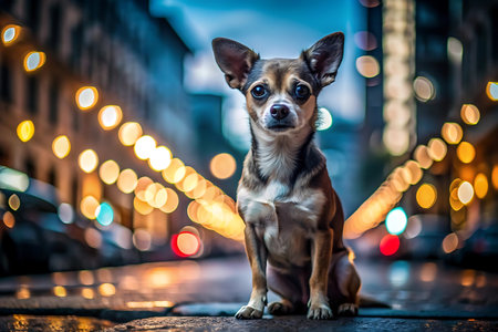 Cute chihuahua dog sitting on the street at nightの写真素材