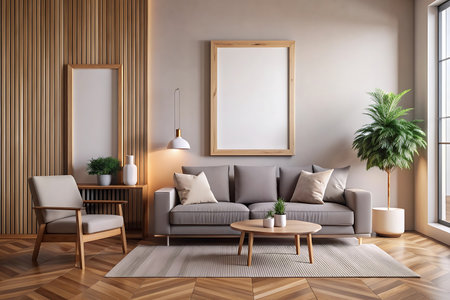 Interior of living room with beige sofa, armchairs, coffee table and poster. 3d renderの写真素材