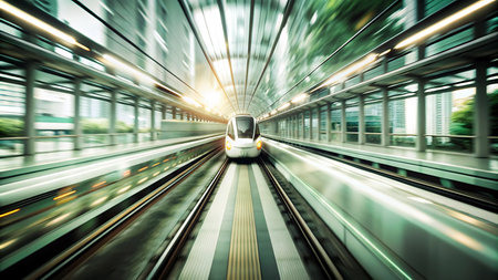 Motion blur of moving train in modern city. Motion blur of moving train.の写真素材
