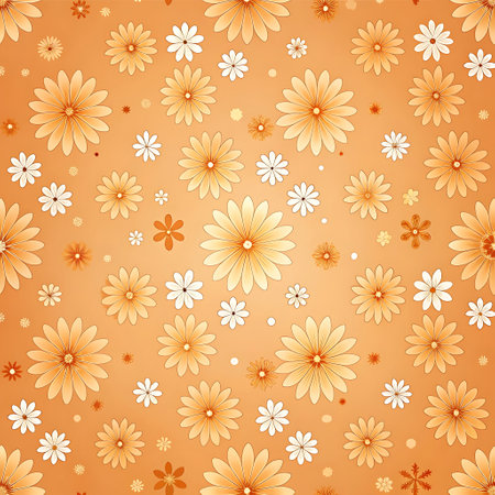 Seamless floral pattern with orange and white flowers on orange backgroundの写真素材