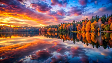 Autumn landscape with colorful forest reflected in the lake at sunset.の写真素材