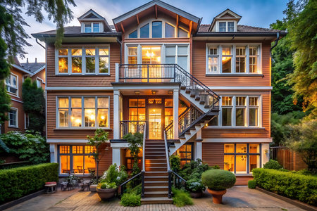 Beautiful luxury house in the garden at sunset. Real estate concept.の写真素材