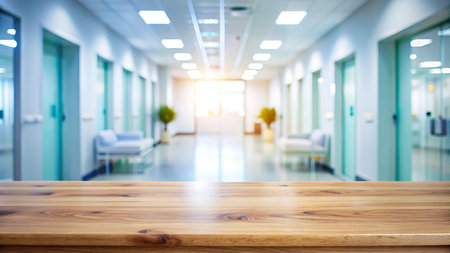 Empty wooden table and blurred hospital background, for product display montageの写真素材