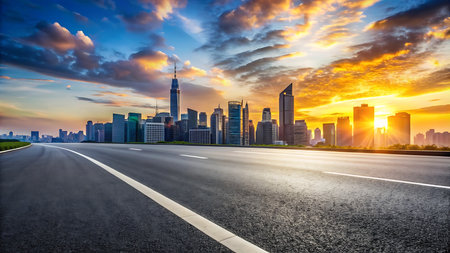 Asphalt road and modern city skyline with buildings in Shanghai at sunsetの写真素材