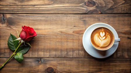 Cup of coffee with red rose on wooden background, top viewの写真素材