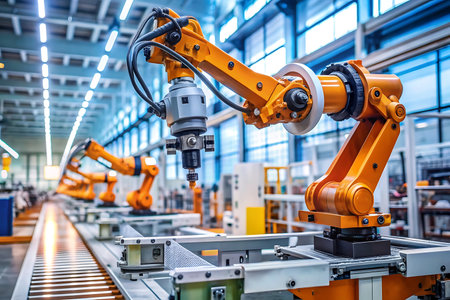 Industrial robot arm working on assembly line in factory. Smart industry 4.0 conceptの写真素材